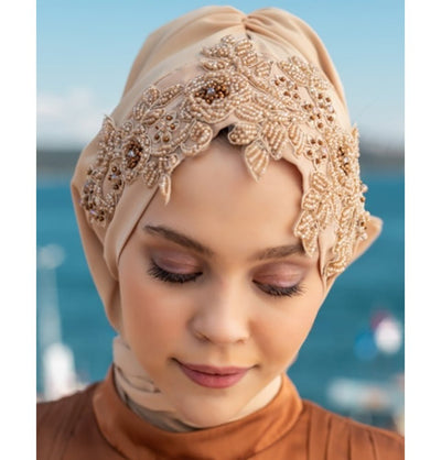 Modefa Instant Hijabs Beige with Brown Beads Lux Chiffon Evening Shawl Instant Hijab with Floral Sequined Bonnet - Beige with Brown Beads