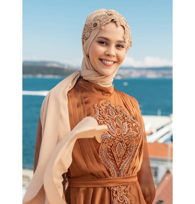 Modefa Instant Hijabs Beige with Brown Beads Lux Chiffon Evening Shawl Instant Hijab with Floral Sequined Bonnet - Beige with Brown Beads
