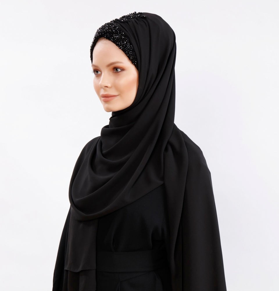 Modefa Instant Hijabs Black Ottoman Chiffon Shawl Instant Hijab with Sequined Bonnet - Black