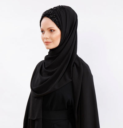 Modefa Instant Hijabs Black Ottoman Chiffon Shawl Instant Hijab with Sequined Bonnet - Black