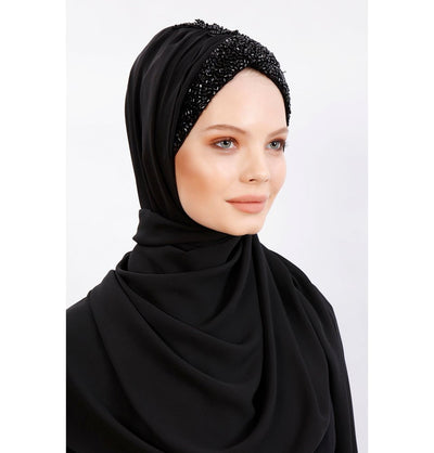 Modefa Instant Hijabs Black Ottoman Chiffon Shawl Instant Hijab with Sequined Bonnet - Black
