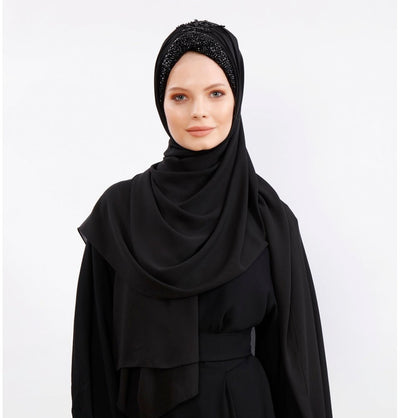 Modefa Instant Hijabs Black Ottoman Chiffon Shawl Instant Hijab with Sequined Bonnet - Black