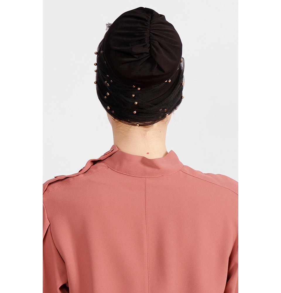 Modefa Instant Hijabs Black Pearled Full Lace Turban Hijab - Black
