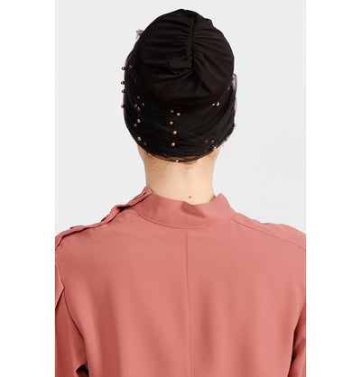 Modefa Instant Hijabs Black Pearled Full Lace Turban Hijab - Black