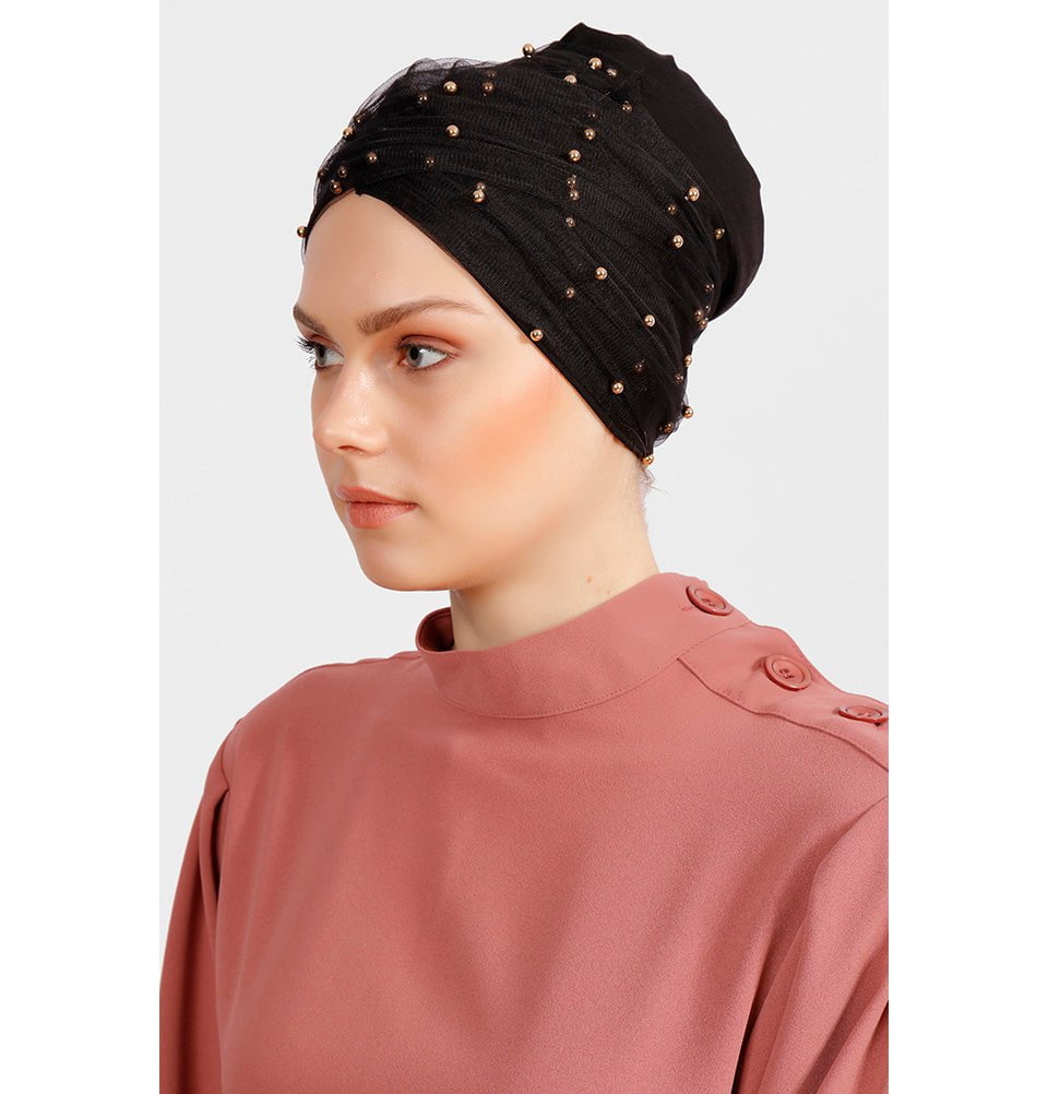 Modefa Instant Hijabs Black Pearled Full Lace Turban Hijab - Black