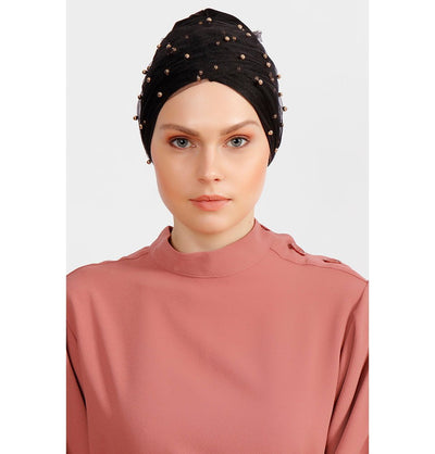 Modefa Instant Hijabs Black Pearled Full Lace Turban Hijab - Black