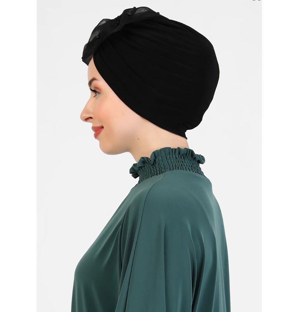 Modefa Instant Hijabs Black Pearled Lace Petal Turban Hijab - Black