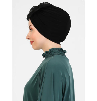 Modefa Instant Hijabs Black Pearled Lace Petal Turban Hijab - Black