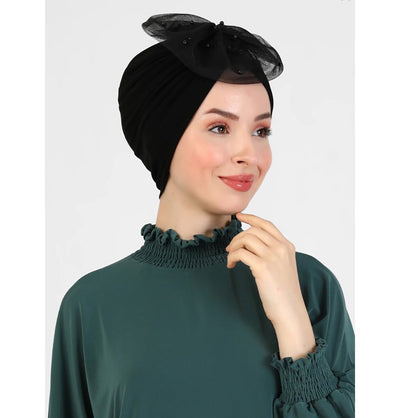 Modefa Instant Hijabs Black Pearled Lace Petal Turban Hijab - Black