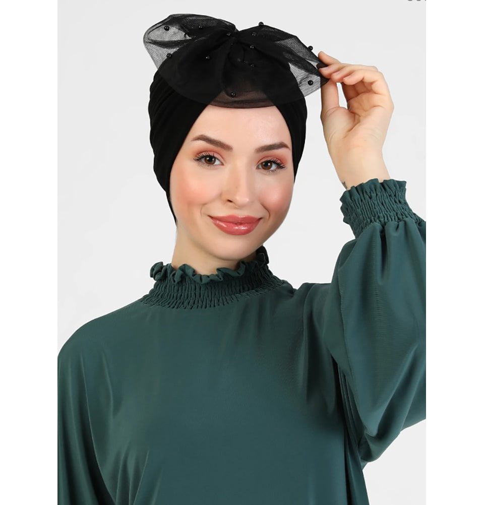 Modefa Instant Hijabs Black Pearled Lace Petal Turban Hijab - Black