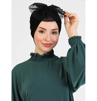Modefa Instant Hijabs Black Pearled Lace Petal Turban Hijab - Black