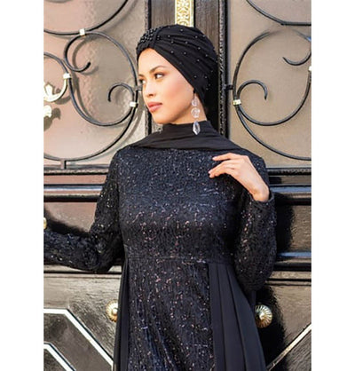 Modefa Instant Hijabs Black Pearled Turban Hijab - Black