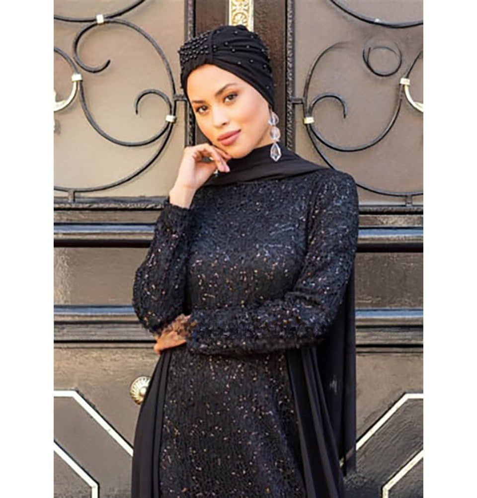Modefa Instant Hijabs Black Pearled Turban Hijab - Black