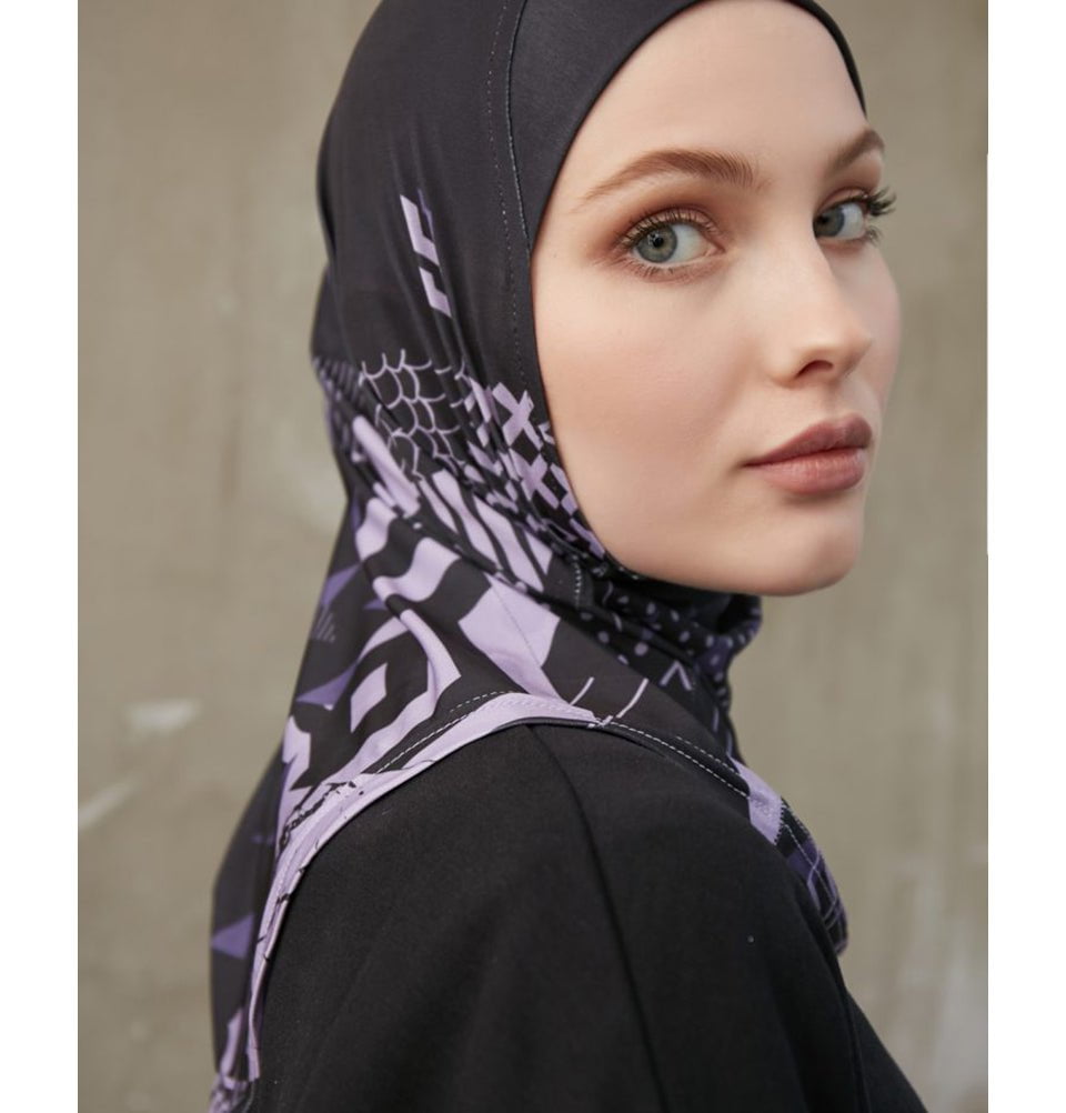 Modefa Instant Hijabs Black/Purple Modefa One Piece Instant Sports Hijab - Geometric Tiles - Black/Purple