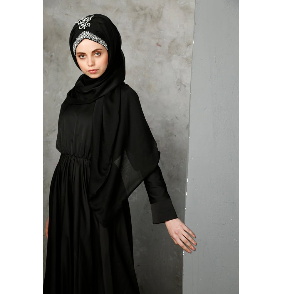 Modefa Instant Hijabs Black & Silver Ottoman Chiffon Shawl Instant Hijab with Sequined Bonnet - Black & Silver