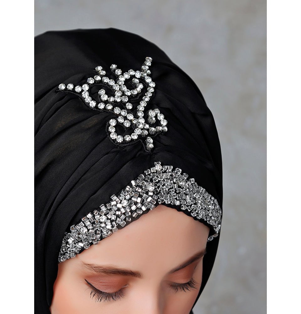 Modefa Instant Hijabs Black & Silver Ottoman Chiffon Shawl Instant Hijab with Sequined Bonnet - Black & Silver