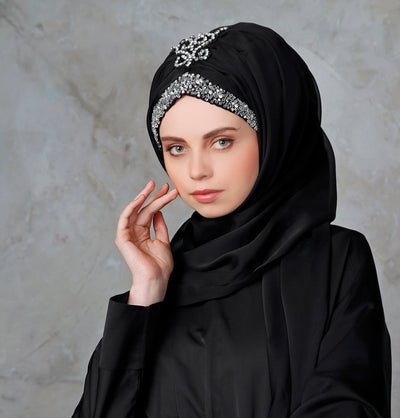 Modefa Instant Hijabs Black & Silver Ottoman Chiffon Shawl Instant Hijab with Sequined Bonnet - Black & Silver