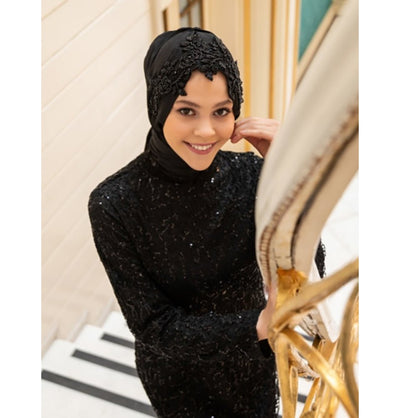 Modefa Instant Hijabs Black with Black Beads Lux Chiffon Evening Shawl Instant Hijab with Floral Sequined Bonnet - Black with Black Beads