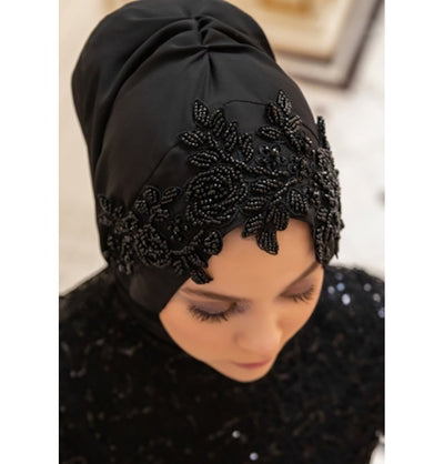 Modefa Instant Hijabs Black with Black Beads Lux Chiffon Evening Shawl Instant Hijab with Floral Sequined Bonnet - Black with Black Beads
