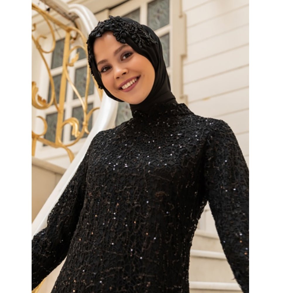 Modefa Instant Hijabs Black with Black Beads Lux Chiffon Evening Shawl Instant Hijab with Floral Sequined Bonnet - Black with Black Beads