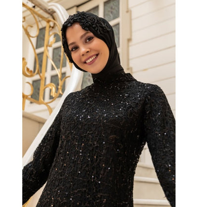 Modefa Instant Hijabs Black with Black Beads Lux Chiffon Evening Shawl Instant Hijab with Floral Sequined Bonnet - Black with Black Beads