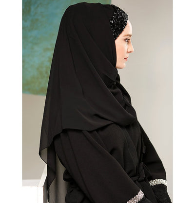 Modefa Instant Hijabs Black with Black Beads Lux Chiffon Evening Shawl Instant Hijab with Sequined Bonnet - Black with Black Beads