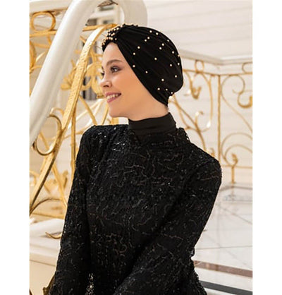 Modefa Instant Hijabs Black with Gold Pearled Turban Hijab - Black/Gold