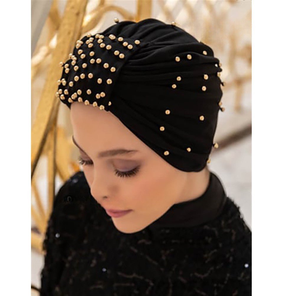 Modefa Instant Hijabs Black with Gold Pearled Turban Hijab - Black/Gold
