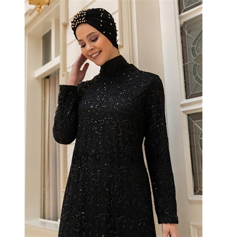 Modefa Instant Hijabs Black with Gold Pearled Turban Hijab - Black/Gold