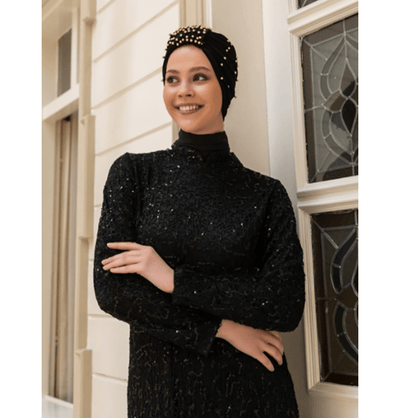 Modefa Instant Hijabs Black with Gold Pearled Turban Hijab - Black/Gold