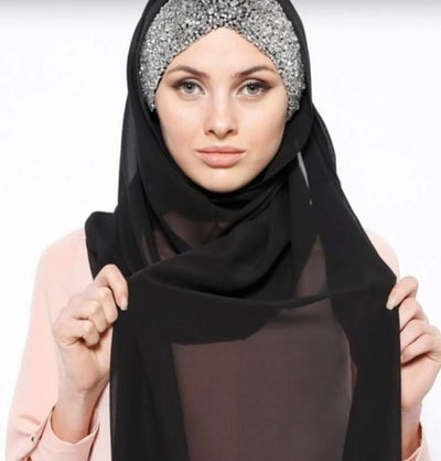 Modefa Instant Hijabs Black with Silver Beads Chic Chiffon Shawl Instant Hijab with Sequined Bonnet - Black with Silver Beads