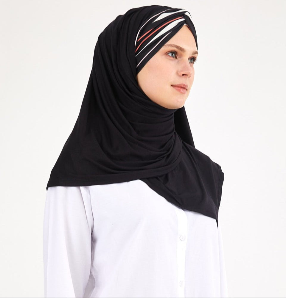 Modefa Instant Hijabs Black with White Stripe One Piece Instant Criss-Cross Jersey Shawl - Black with White Stripe