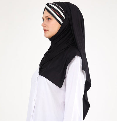 Modefa Instant Hijabs Black with White Stripe One Piece Instant Criss-Cross Jersey Shawl - Black with White Stripe