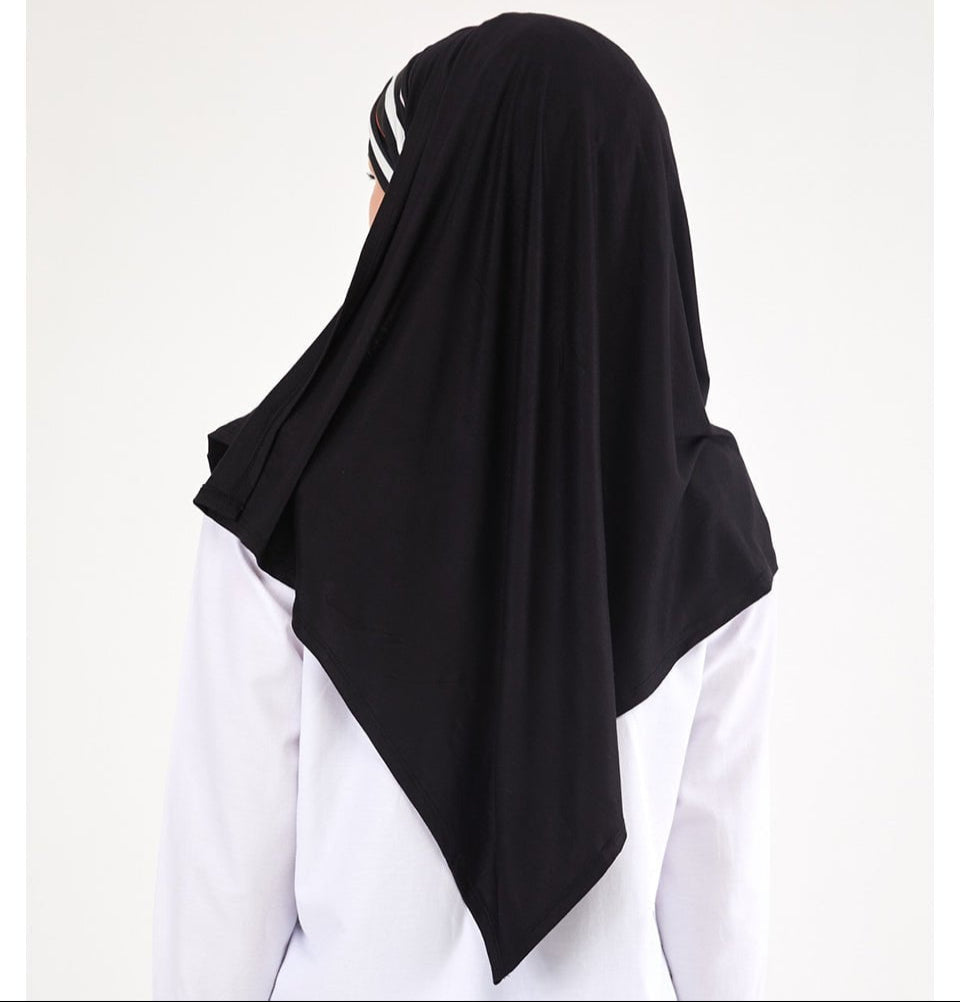 Modefa Instant Hijabs Black with White Stripe One Piece Instant Criss-Cross Jersey Shawl - Black with White Stripe