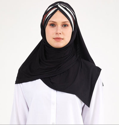 Modefa Instant Hijabs Black with White Stripe One Piece Instant Criss-Cross Jersey Shawl - Black with White Stripe
