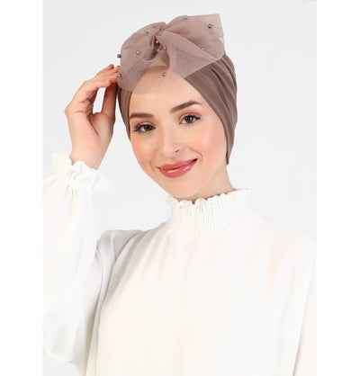 Modefa Instant Hijabs Mink Pearled Lace Petal Turban Hijab - Mink