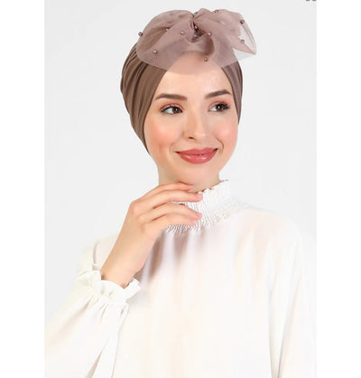 Modefa Instant Hijabs Mink Pearled Lace Petal Turban Hijab - Mink