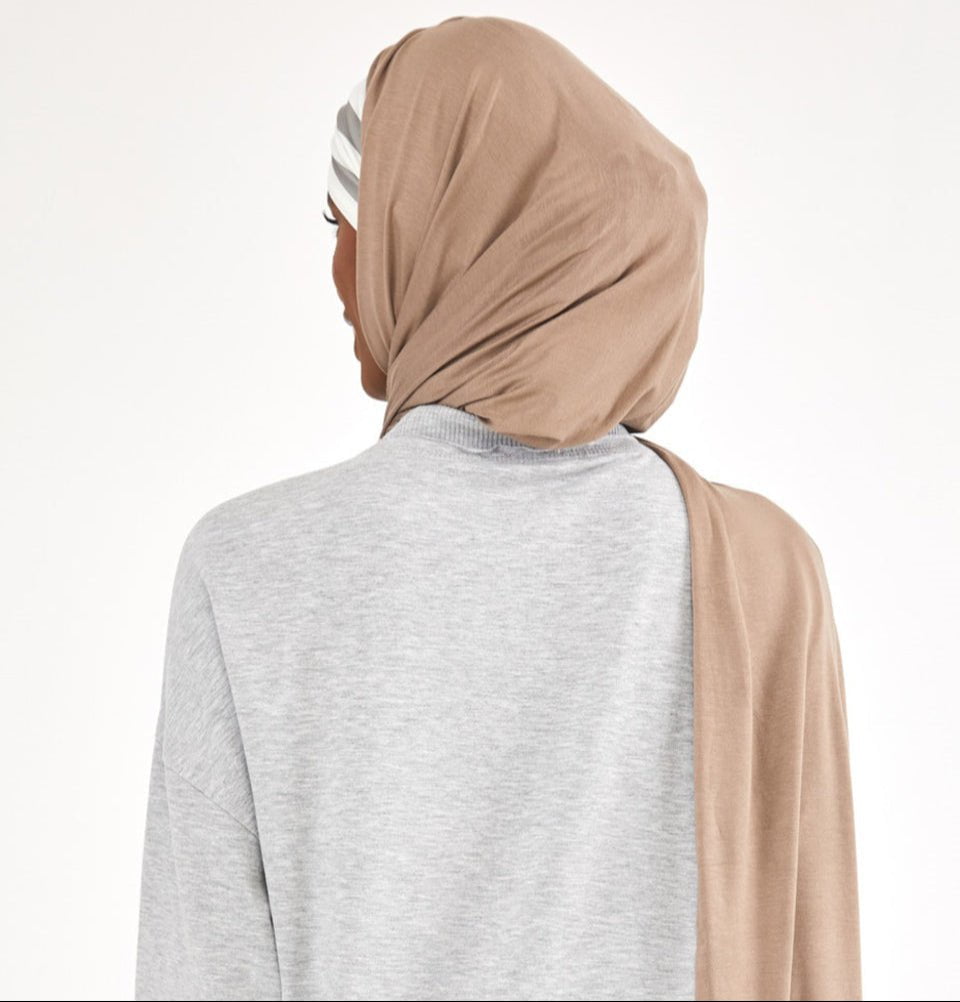 Modefa Instant Hijabs Mink with White & Mint Stripe One Piece Instant Criss-Cross Jersey Shawl - Mink with White & Mint Stripe