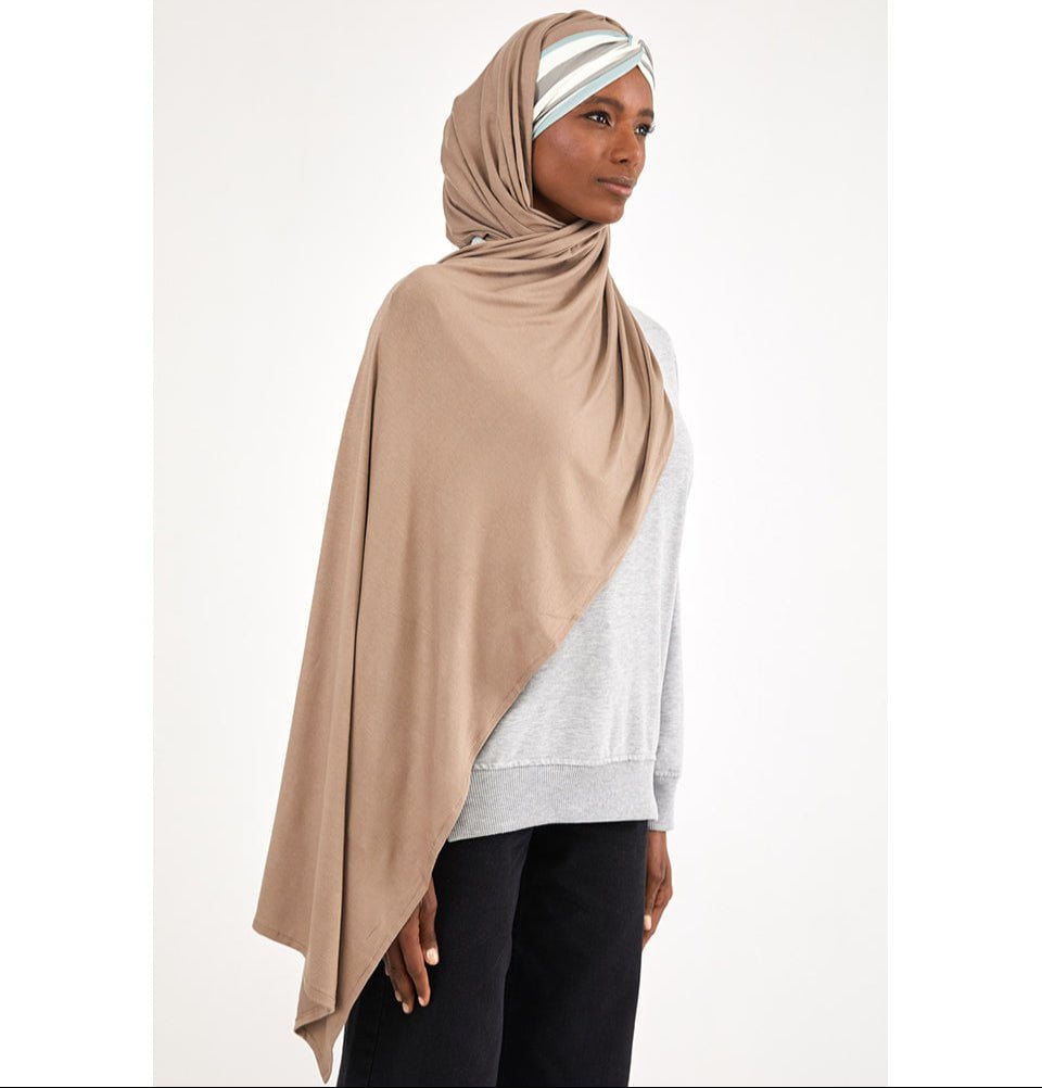 Modefa Instant Hijabs Mink with White & Mint Stripe One Piece Instant Criss-Cross Jersey Shawl - Mink with White & Mint Stripe