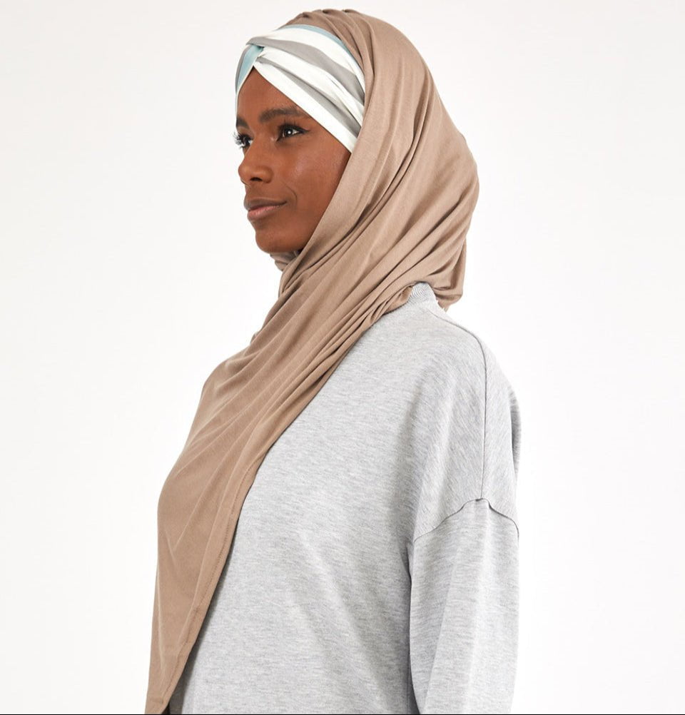 Modefa Instant Hijabs Mink with White & Mint Stripe One Piece Instant Criss-Cross Jersey Shawl - Mink with White & Mint Stripe