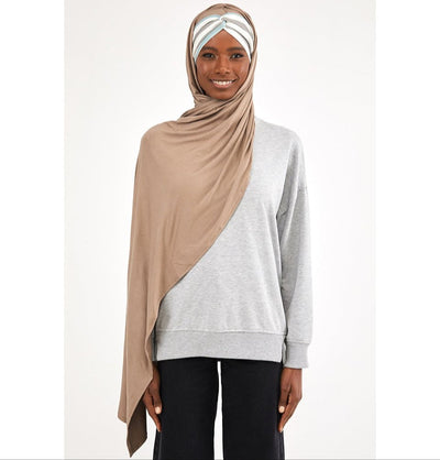 Modefa Instant Hijabs Mink with White & Mint Stripe One Piece Instant Criss-Cross Jersey Shawl - Mink with White & Mint Stripe