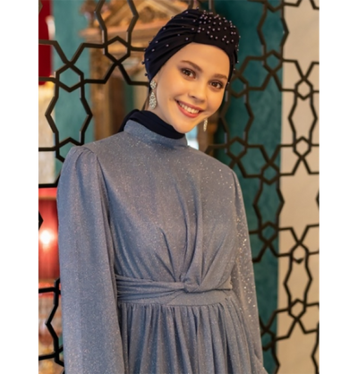 Modefa Instant Hijabs Navy Blue Pearled Turban Hijab - Navy Blue