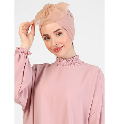 Modefa Instant Hijabs Peach Pearled Lace Petal Turban Hijab - Peach