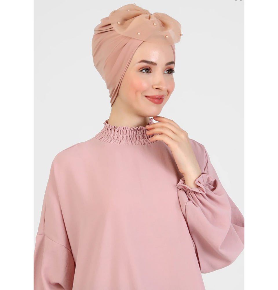 Modefa Instant Hijabs Peach Pearled Lace Petal Turban Hijab - Peach
