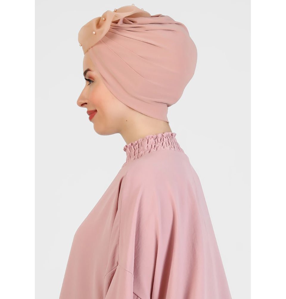 Modefa Instant Hijabs Peach Pearled Lace Petal Turban Hijab - Peach