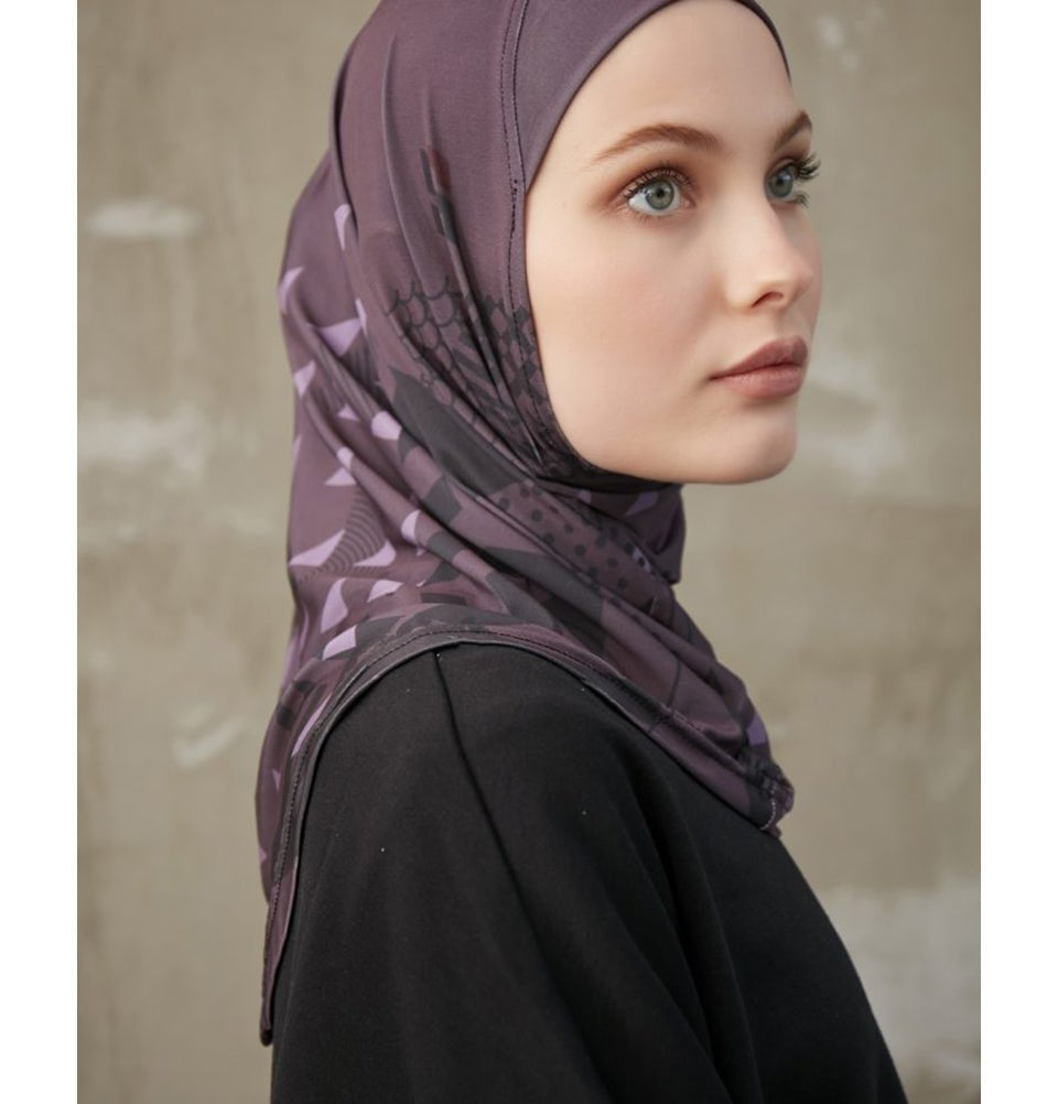 Modefa Instant Hijabs Plum Modefa One Piece Instant Sports Hijab - Geometric Tiles - Mulberry