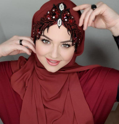 Modefa Instant Hijabs Red Melika Chiffon Shawl Instant Hijab with Sequined Bonnet - Red