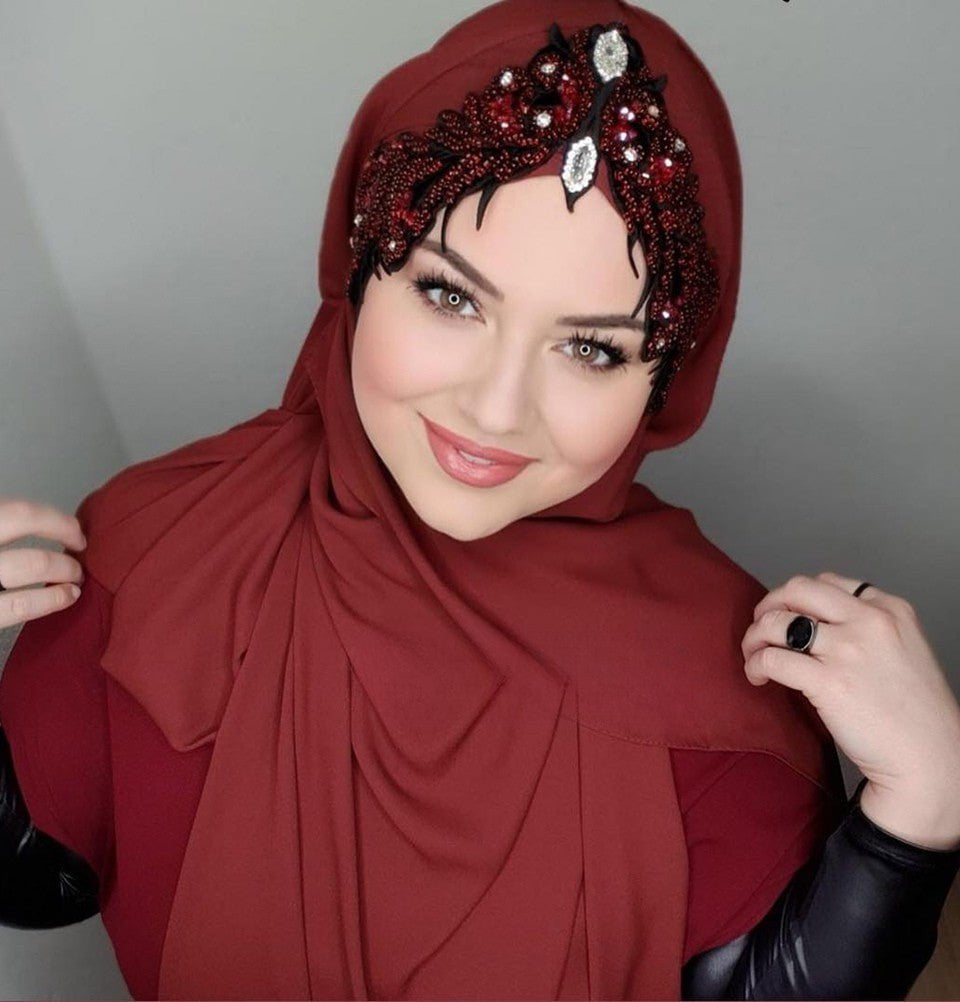 Modefa Instant Hijabs Red Melika Chiffon Shawl Instant Hijab with Sequined Bonnet - Red
