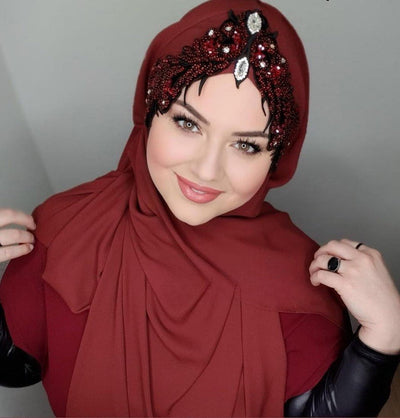 Modefa Instant Hijabs Red Melika Chiffon Shawl Instant Hijab with Sequined Bonnet - Red