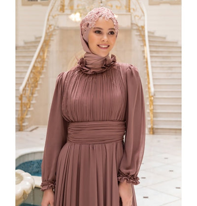 Modefa Instant Hijabs Rose Pink with Pink Beads Lux Chiffon Evening Shawl Instant Hijab with Floral Sequined Bonnet - Rose Pink with Pink Beads